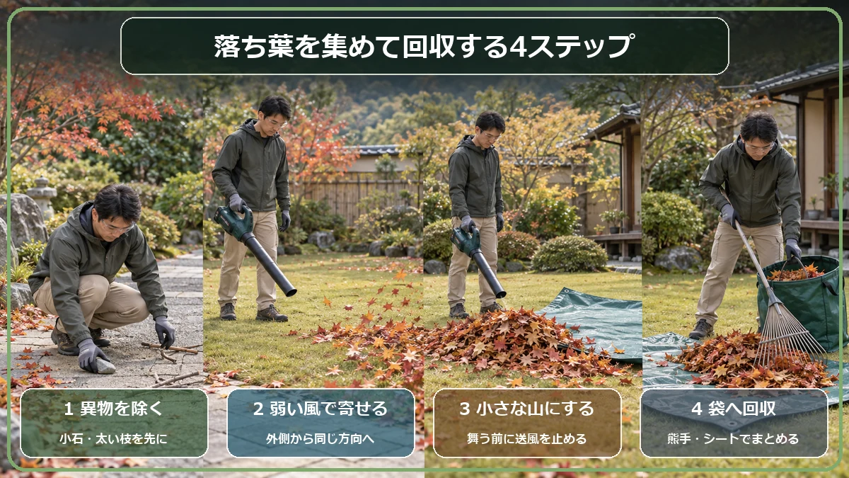 小石や枝を除いてから弱い風で落ち葉を小さな山へ寄せ、熊手とシートで袋へ回収する4つの手順