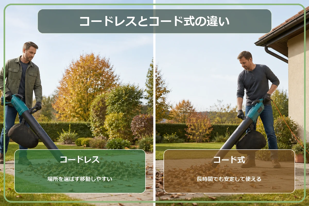 コードレスとコード式ブロワバキュームの向いている庭を比較する図