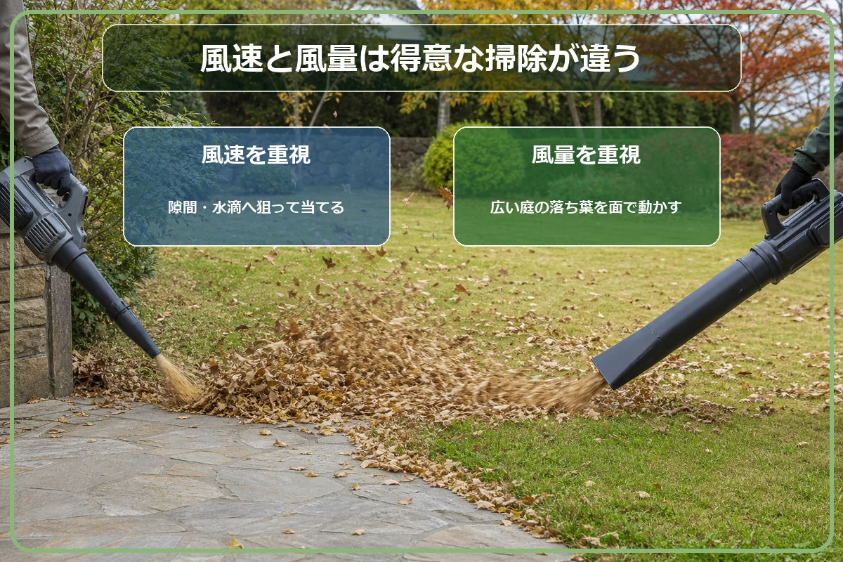 ブロワーの風量と風速から向いている落ち葉掃除を選ぶ図