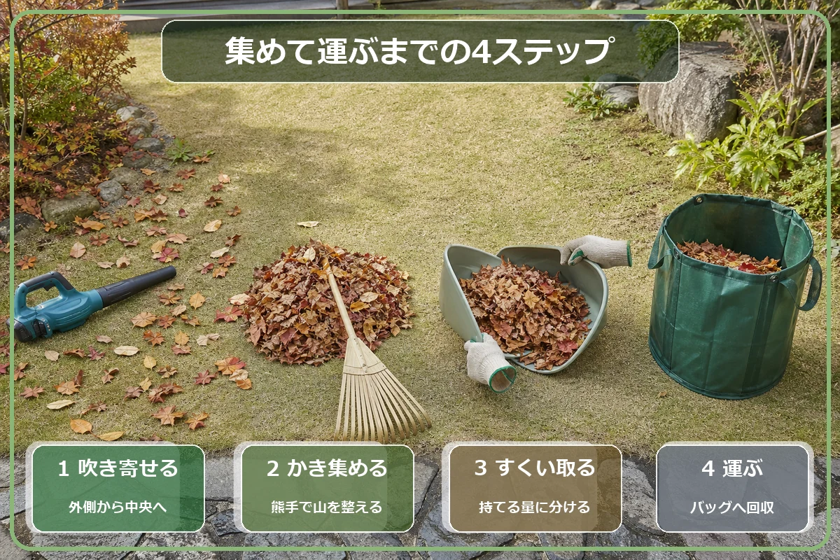 ブロワーで吹き寄せて熊手で集め、落ち葉拾いとバッグで回収する手順の図