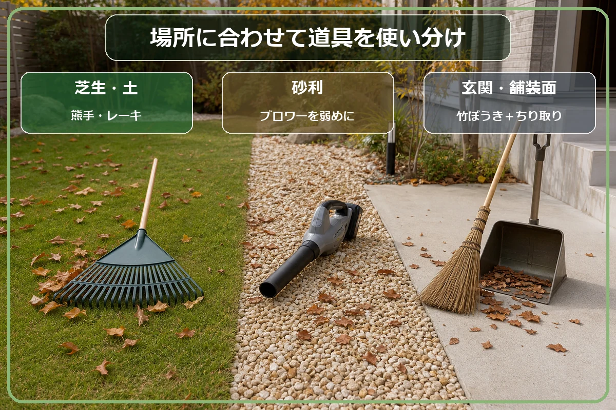 芝生・砂利・玄関に向く落ち葉掃除の道具を比較する図