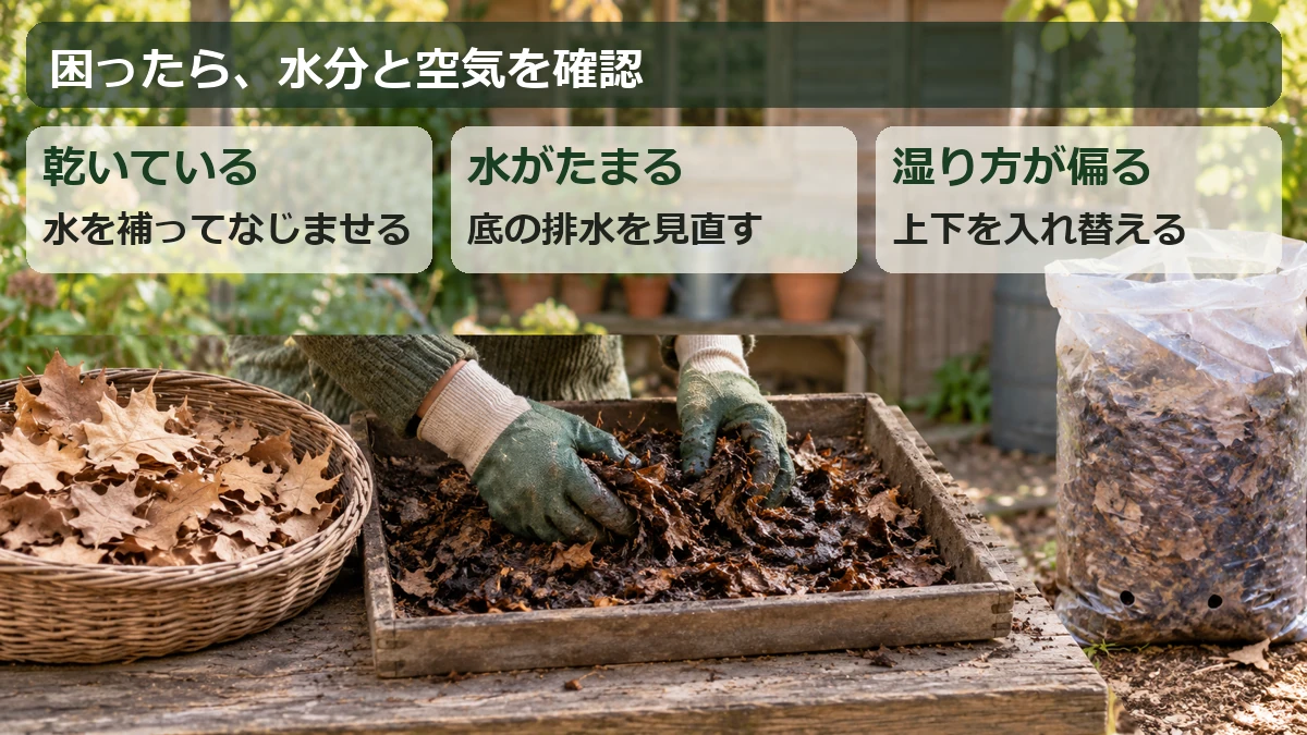 乾燥は水を補い、水のたまりは排水を見直し、切り返しで空気を入れる管理のポイント