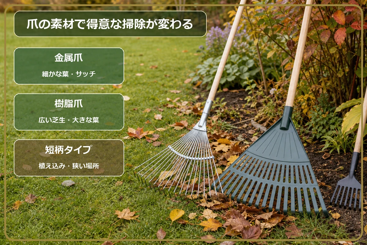 金属製・樹脂製・短柄タイプの熊手とレーキの違いを示す図