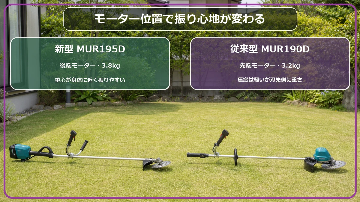 新型MUR195Dの後端モーターと従来型MUR190Dの先端モーターを比較した図解