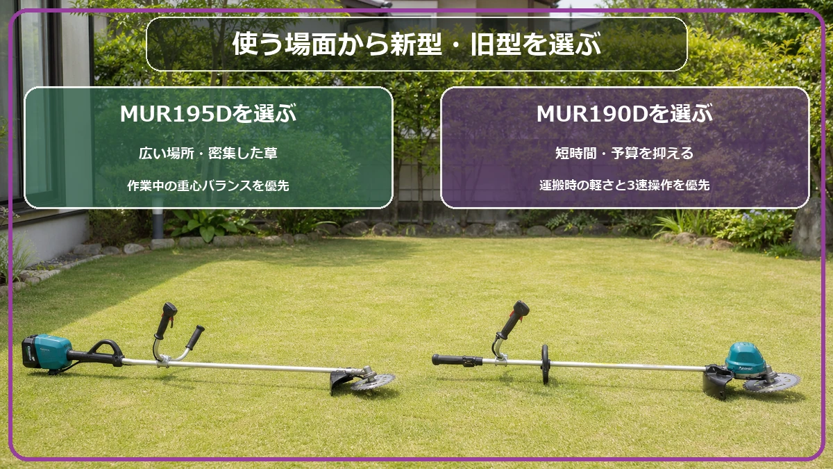マキタ18V草刈機の新型MUR195Dと従来型MUR190Dを作業場面から選ぶ図解