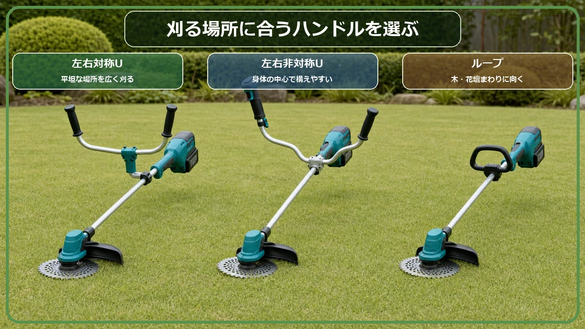 マキタ36V草刈機の左右対称U・左右非対称U・ループハンドルが向く場所を比較した図解