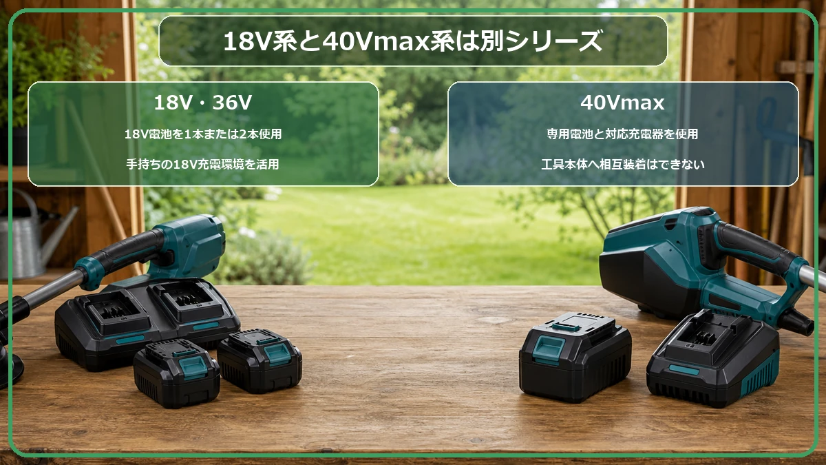 マキタの18V・36Vと40Vmaxでバッテリーと充電環境が分かれることを示す図解