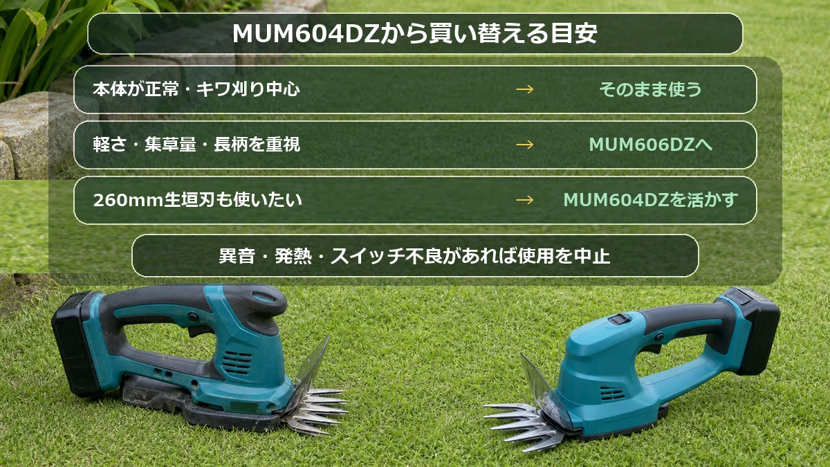 MUM604DZからMUM606DZへ買い替えるかを本体の状態・軽さ・生垣刃で判断する図解