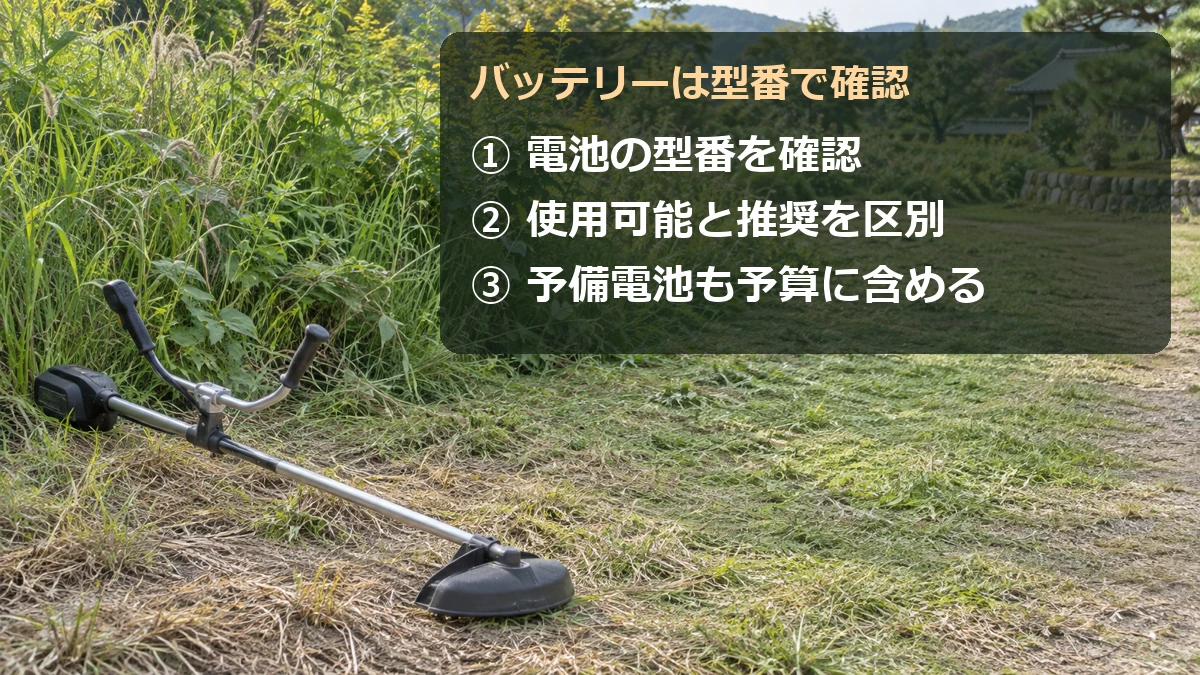 電池の型番、使用可能と推奨の区別、必要な本数の順でバッテリーを確認する図解