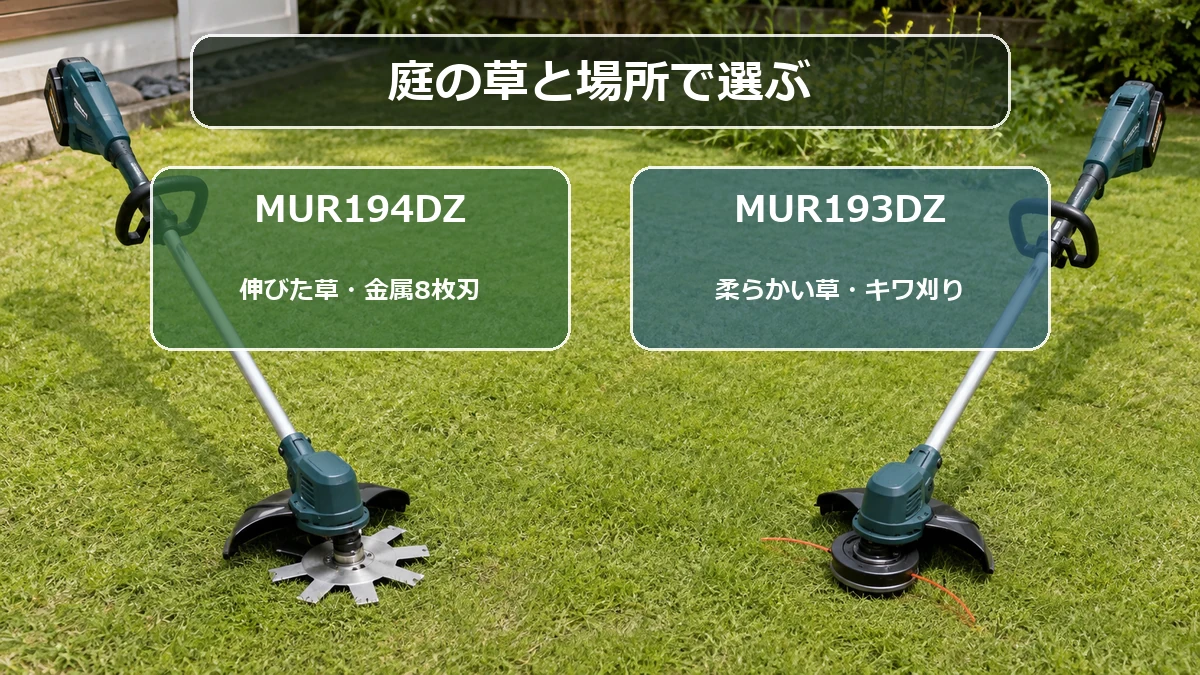 MUR194DZとMUR193DZを草の硬さと作業場所から選ぶ図解