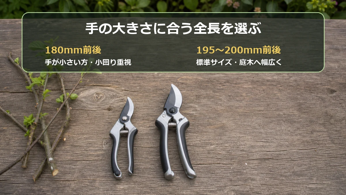 手の大きさに合わせて180mm前後または195〜200mm前後の剪定ばさみを選ぶ目安