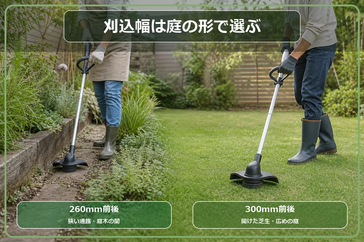 刈込幅260mmと300mmの使いやすい庭の違いを示す図解