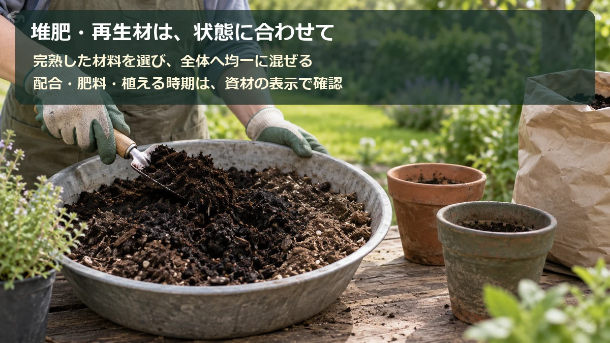 完熟堆肥を使って土を混ぜ、植物に合う水はけと必要な養分を別々に確認するポイント