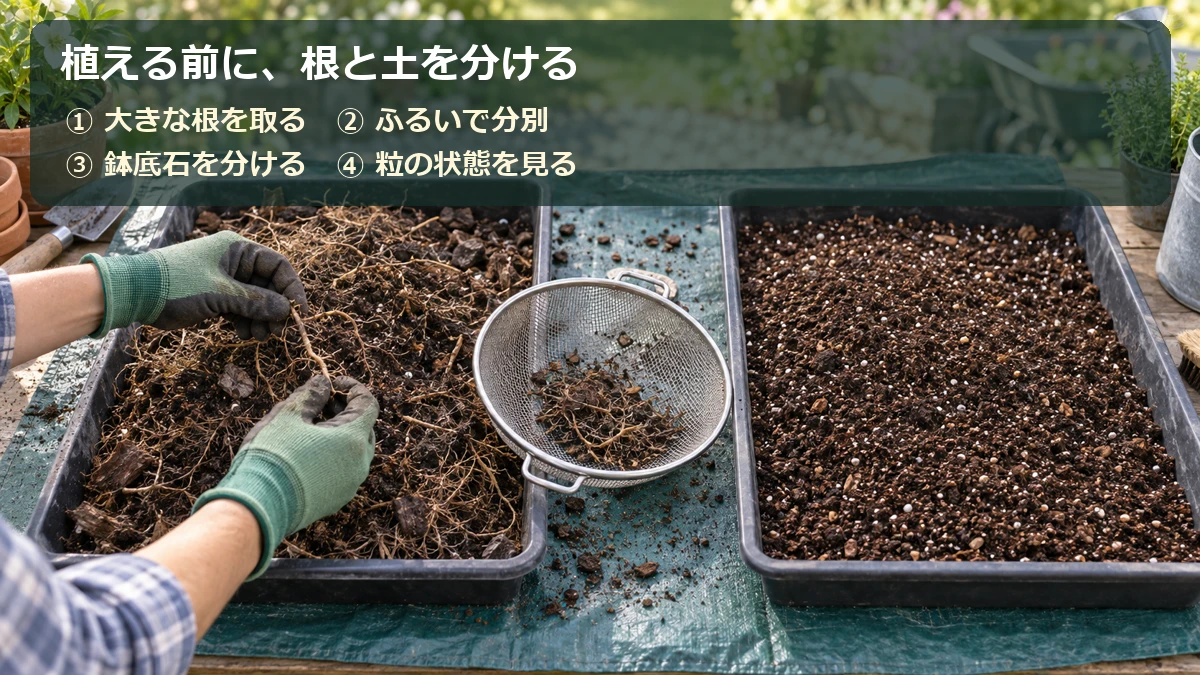 古い土から根を取り除き、ふるいを使って土と鉢底石を分ける準備の流れ