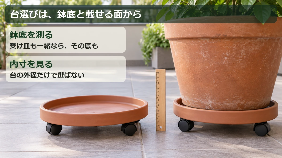 鉢底の大きさと、台の内寸や鉢を載せる面を確認する選び方