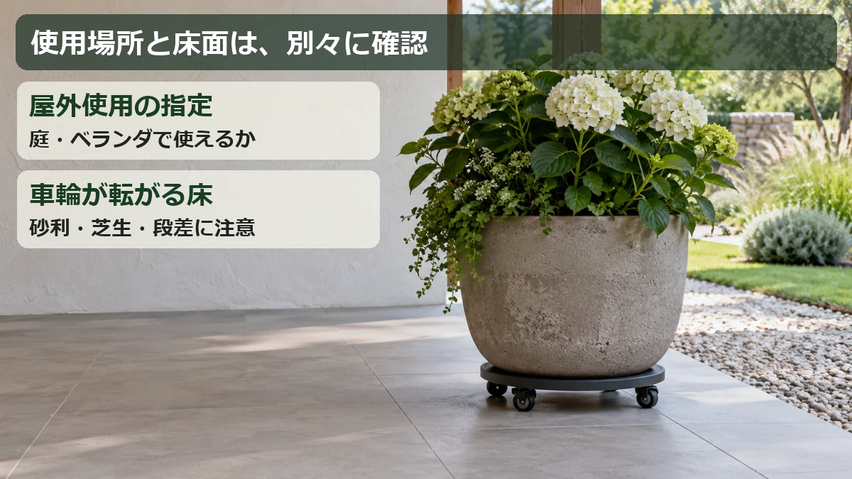 屋外使用の指定と床面を別々に確認し、砂利・芝生や段差で車輪が止まる場所を避けるポイント