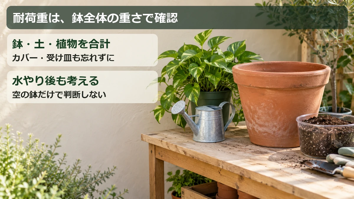 鉢だけでなく、土・植物・水・受け皿を含む総重量で耐荷重を確認する考え方