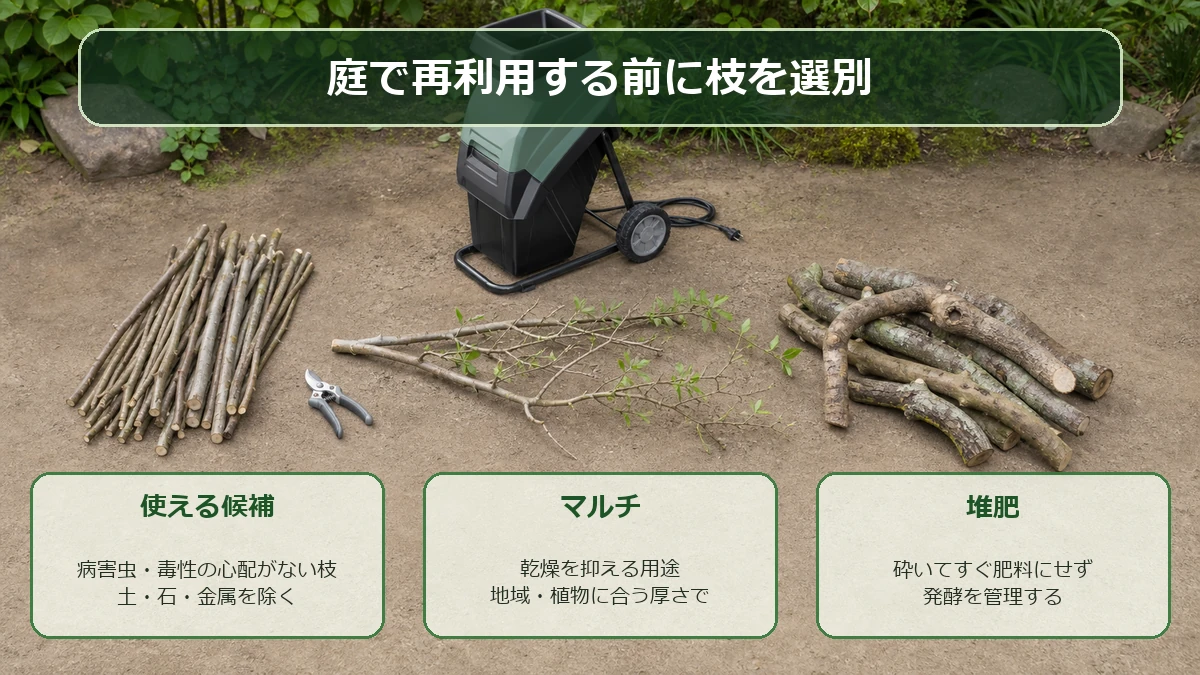 病害虫や毒性の心配がない剪定枝を選び、チップを庭で再利用するときの注意点をまとめた図解