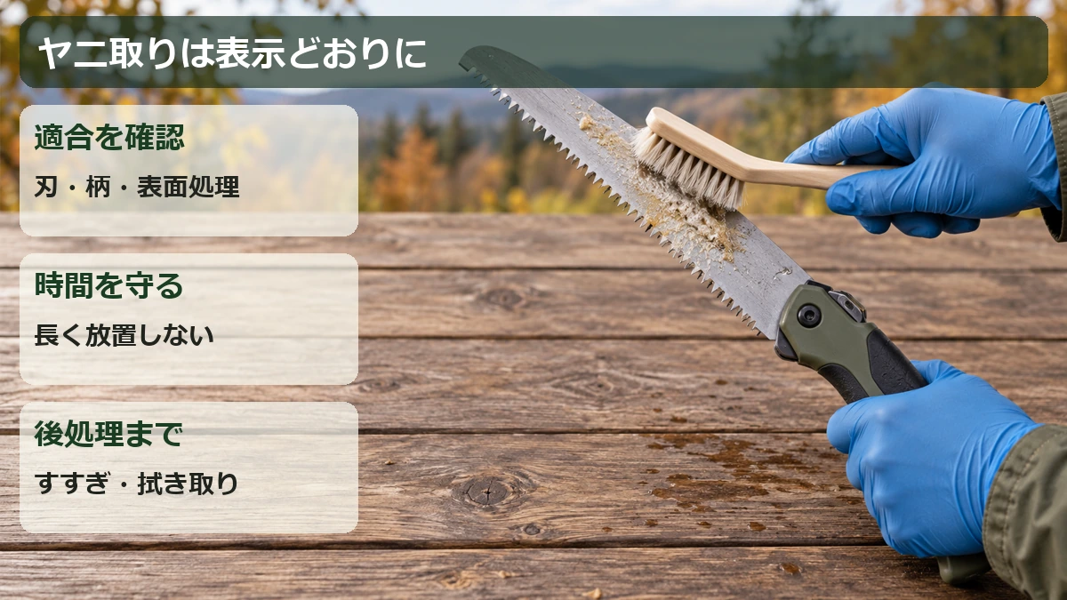 ヤニ取りの3つの確認：薬剤の適合、表示された放置時間、指定のすすぎや拭き取り