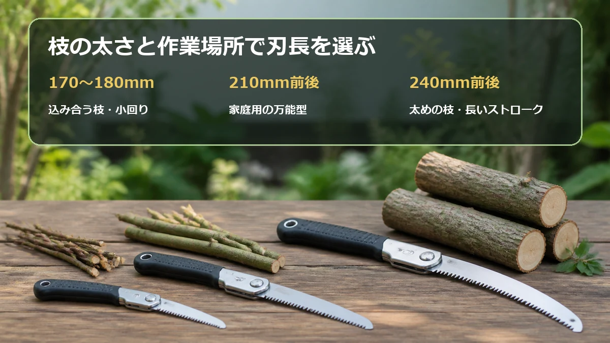 剪定のこぎりの刃長170mm・210mm・240mmを枝の太さと作業場所で選ぶ図解