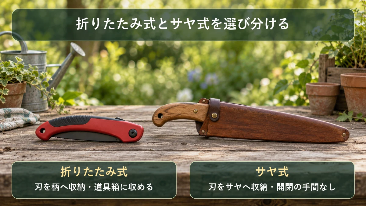 刃を柄へ収める折りたたみ式と、サヤへ収めるサヤ式の収納方法を比べる図解