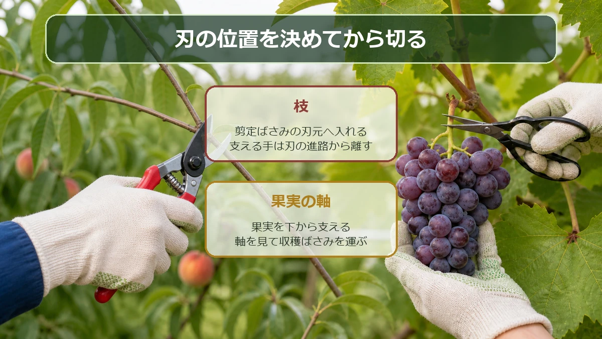 手袋を着用し剪定ばさみで細枝、収穫ばさみでぶどうの軸を切る安全な使い分け