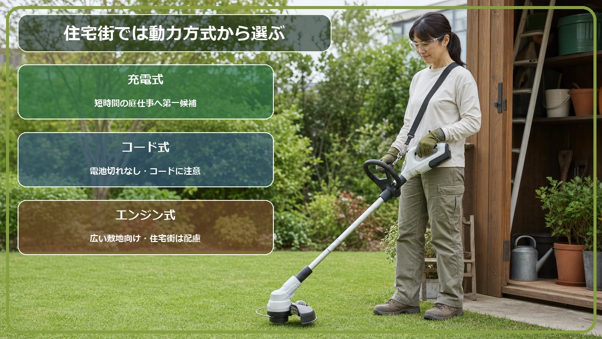 住宅街で使う草刈機の充電式・コード式・エンジン式を比較した図解