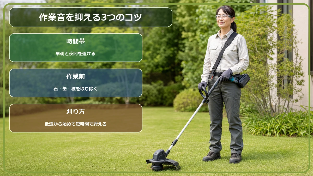 住宅街の草刈りで騒音を抑える時間帯と作業前準備をまとめた図解