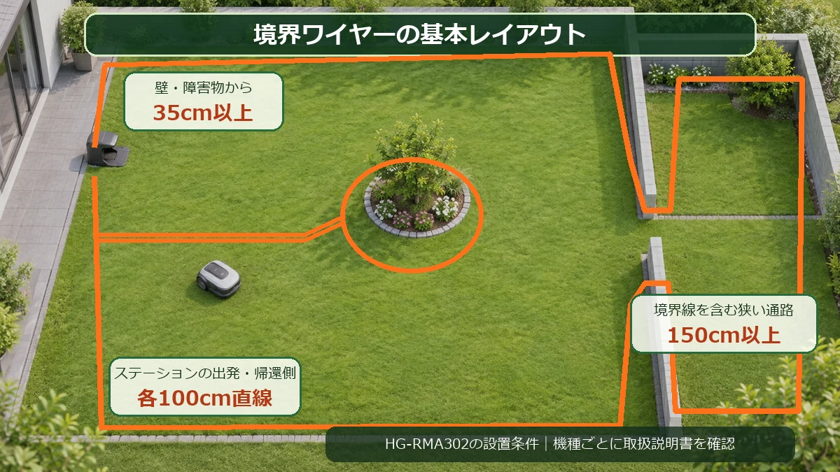 HG-RMA302の境界ワイヤーを壁や障害物から35cm以上離し、狭い通路を150cm以上、充電ステーションの出発側と帰還側を各100cm直線にする設置図