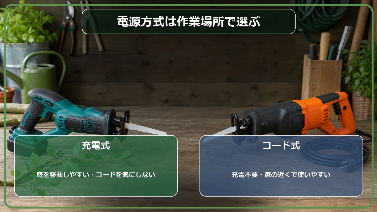 充電式とコード式の小型電動のこぎりを比較した図解