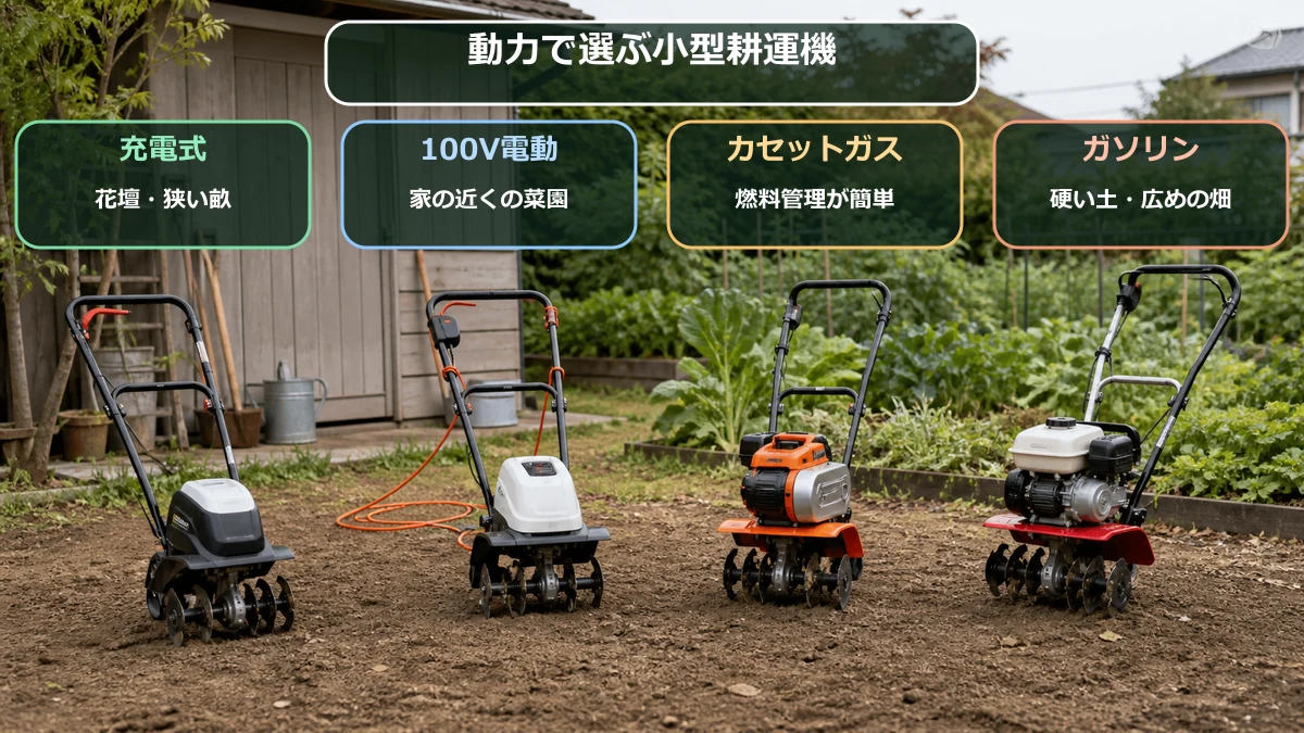充電式、電動式、カセットガス式、ガソリン式の小型耕運機を作業場所で選ぶ図解