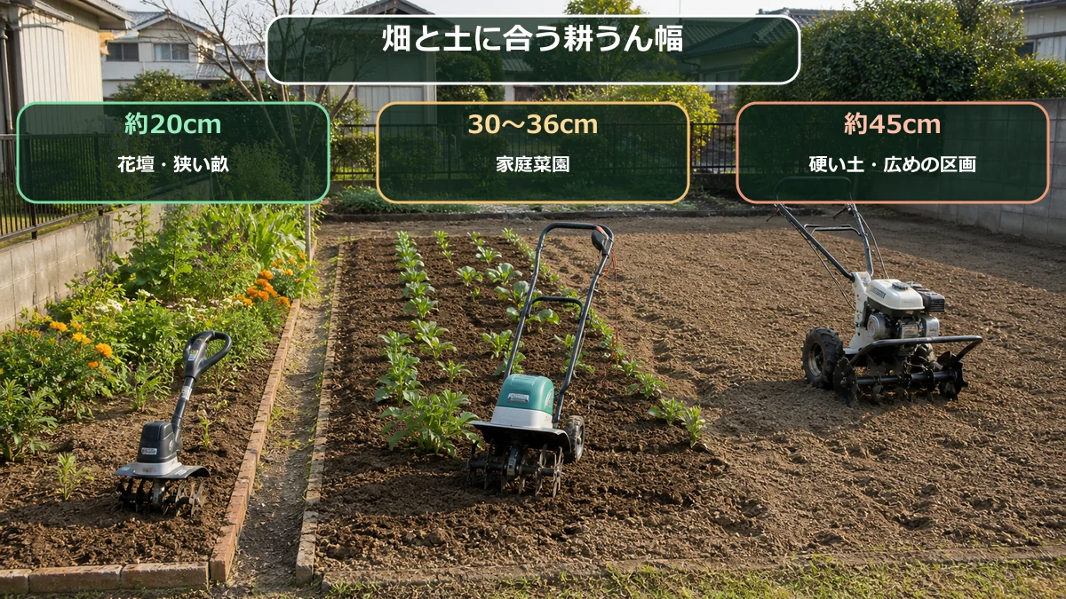 花壇、小さな家庭菜園、硬い土に合う小型耕運機の耕うん幅を示す図解
