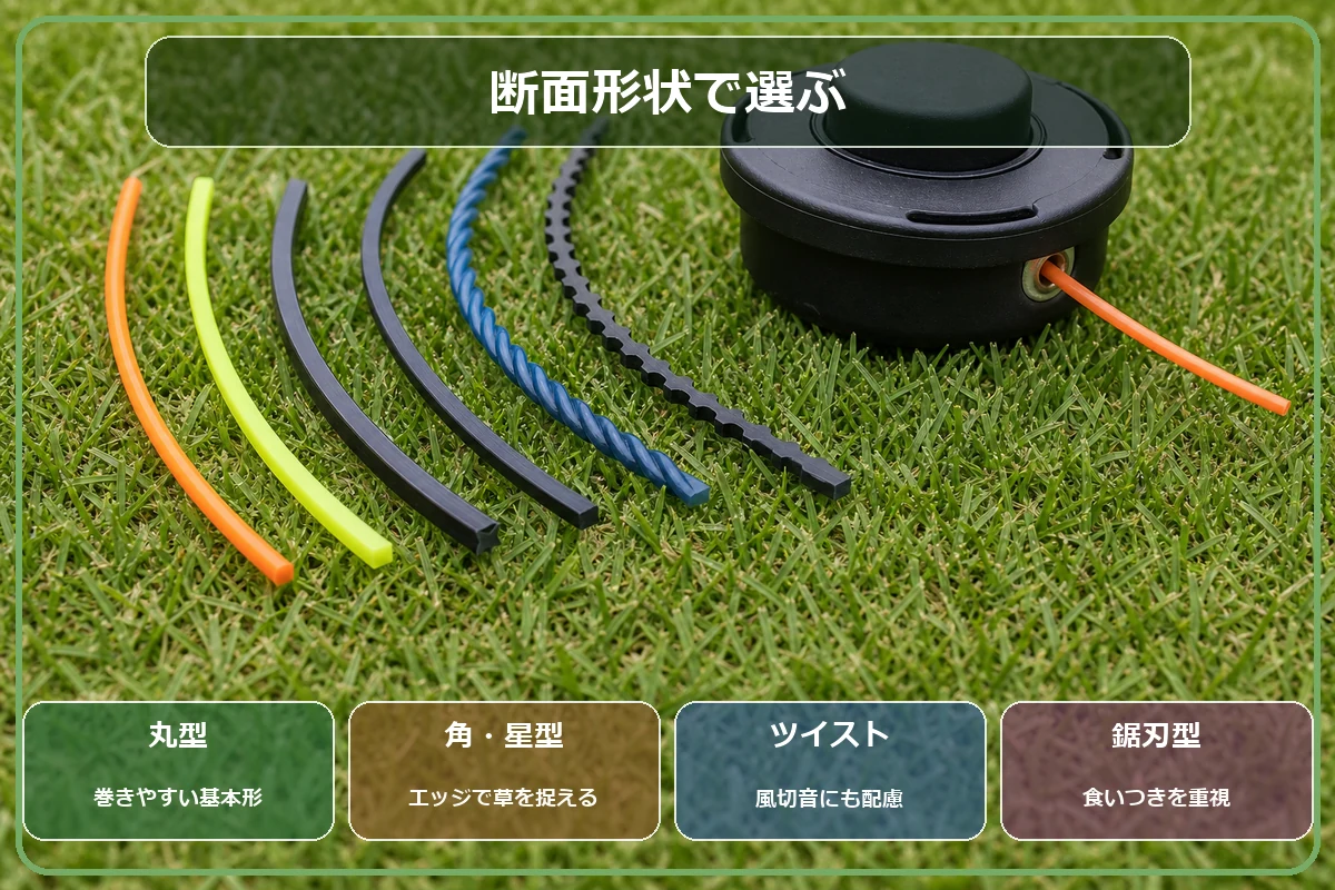 草刈機用ナイロンコードの丸型・角型と星型・ツイスト型・鋸刃型の違い