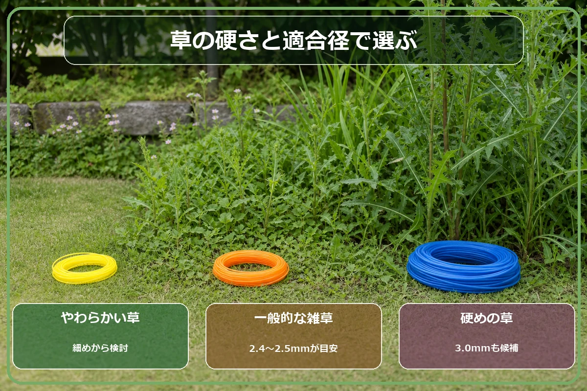 やわらかい草・一般的な雑草・硬めの草に合わせたナイロンコード選びと適合径確認