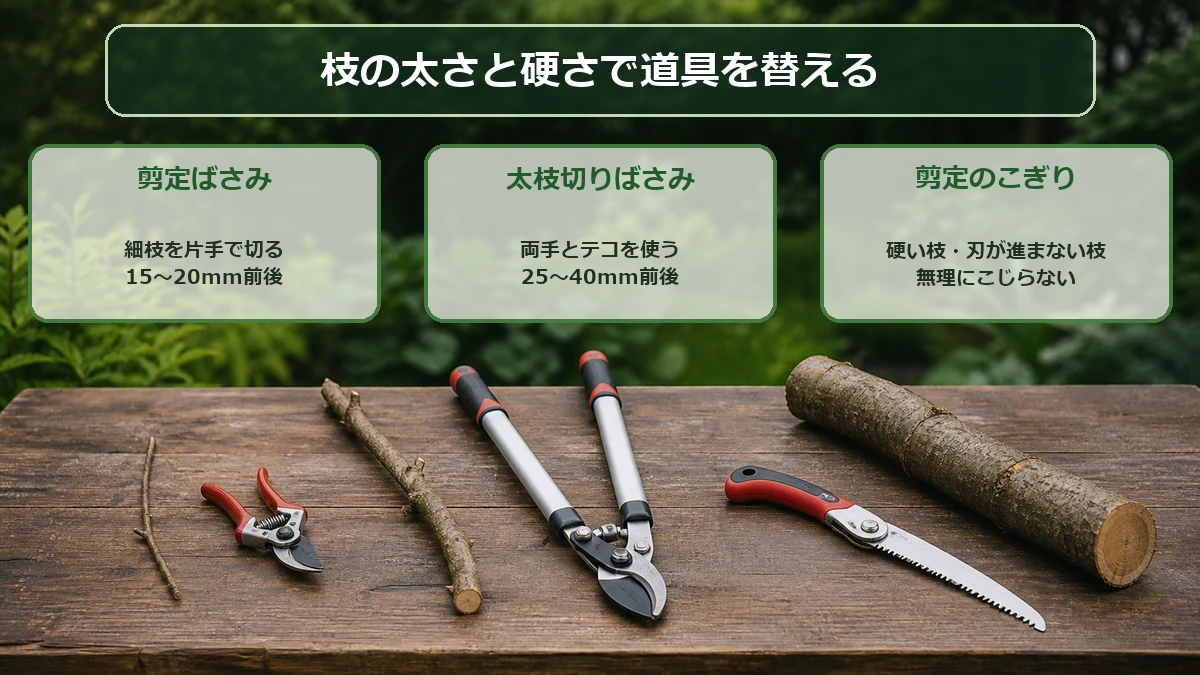 細枝は剪定ばさみ、中太の枝は太枝切りばさみ、硬い枝は剪定のこぎりへ使い分ける目安