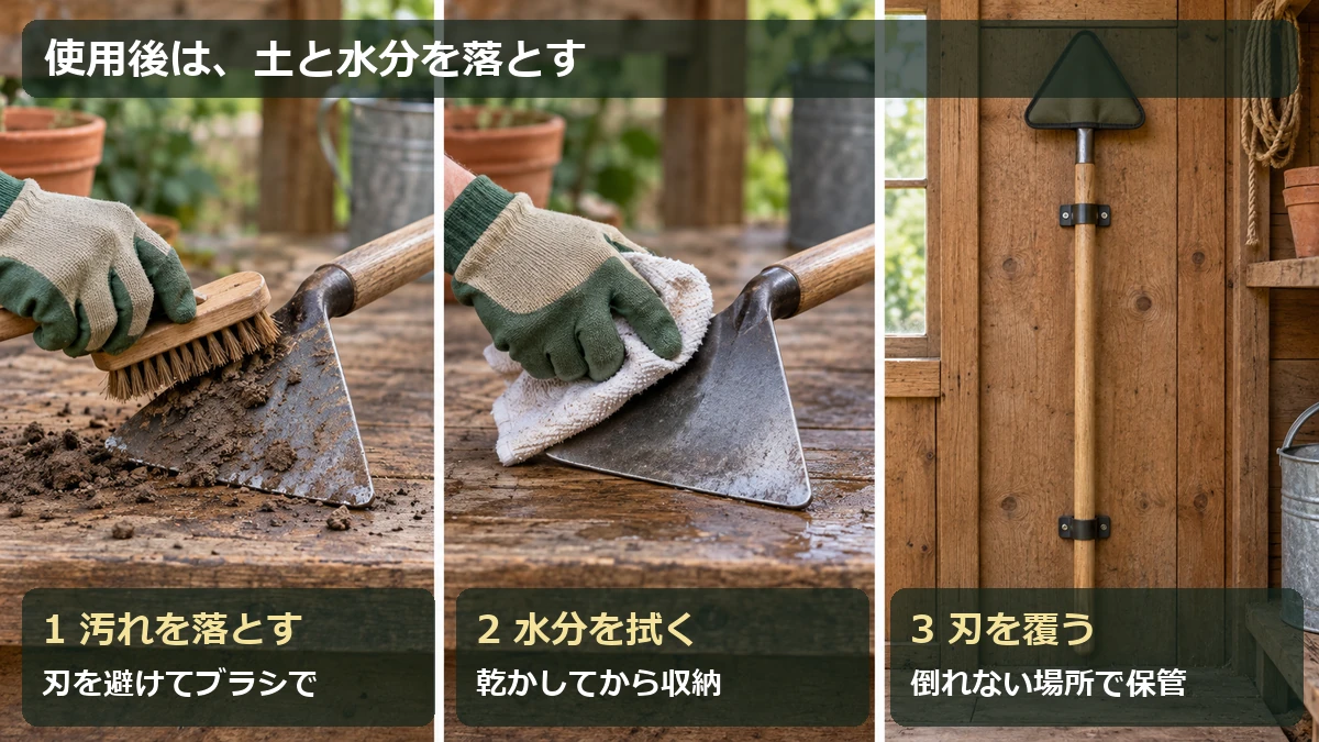 三角ホーの片付け手順：土と草を落とし、水分を拭いて乾かし、刃を覆って安定した場所へ保管する