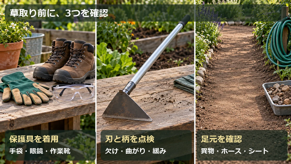 草取り前の確認：手袋・保護メガネ・作業靴を着用し、道具の傷みと足元の障害物を確認する