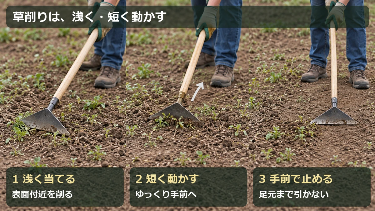 三角ホーの草削り手順：浅く当てる、短く動かす、足の手前で止める