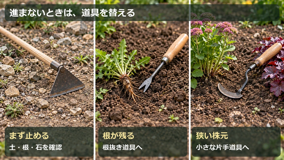 三角ホーが進まないときは止めて確認し、残った根は根抜き道具、狭い株元は片手道具へ持ち替える図解