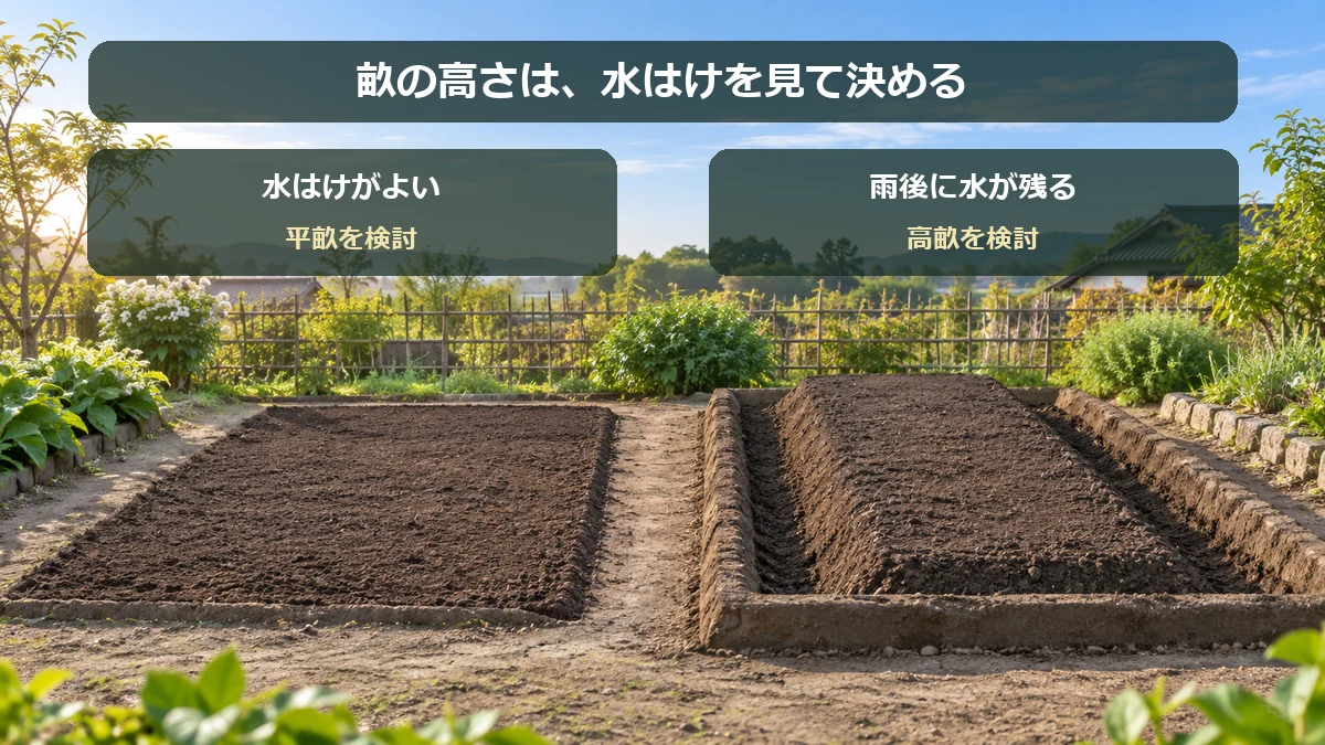 水はけのよい場所は平畝、雨のあとに水が残る場所は高畝を検討する目安を示した図解