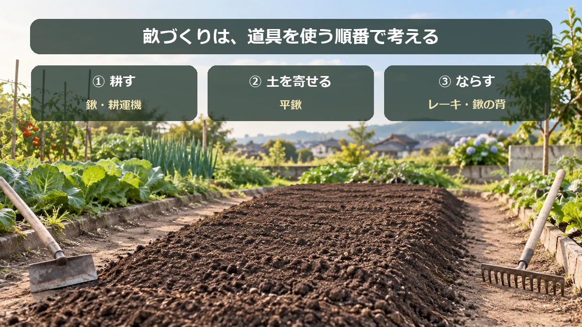 畝づくりの3工程。鍬や耕運機で耕し、平鍬で土を寄せ、レーキや鍬の背で表面をならす