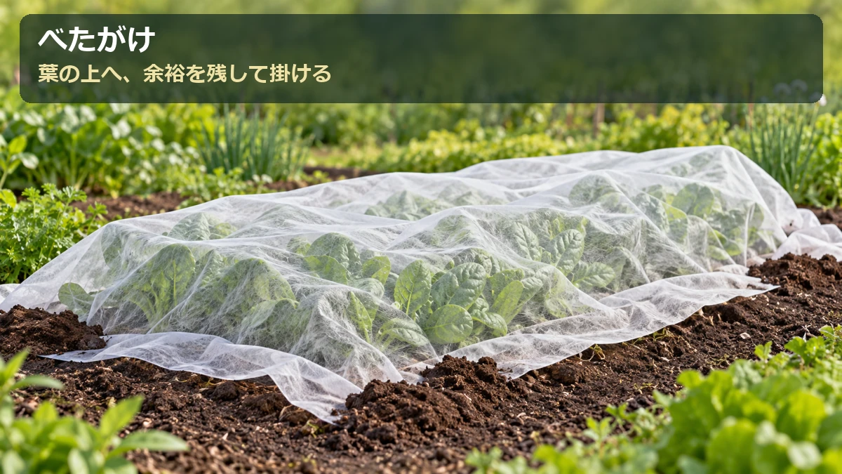 背の低い葉物野菜に不織布を直接掛け、生長の余裕を残して裾を土で押さえる図解