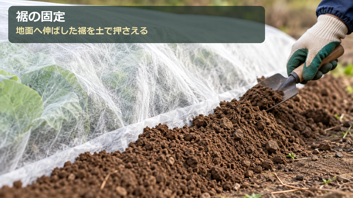 不織布の裾を地面へ伸ばし、葉を避けて土をかけて固定する手元の図解