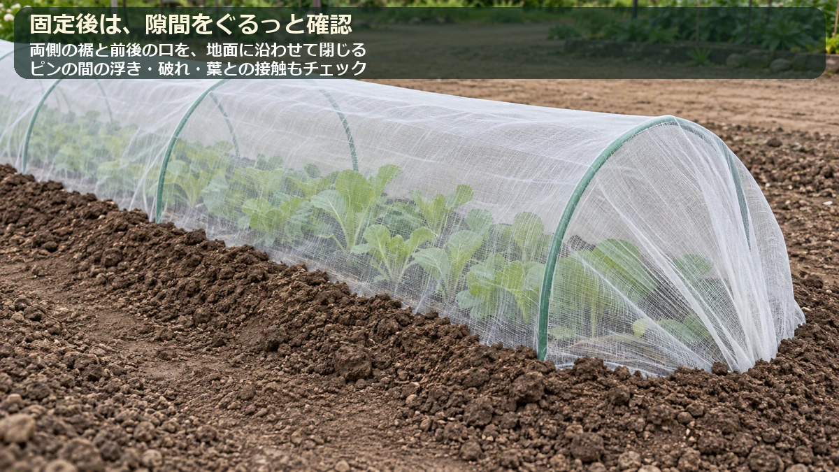 防虫ネットの両側の裾と両端を閉じ、ピンの間の浮きや破れ、葉との接触を点検する図解
