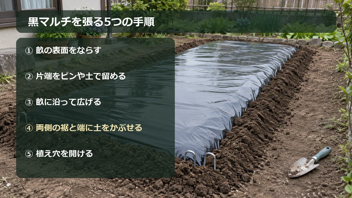 黒マルチを張る順番。畝をならす、片端を留める、マルチを広げる、両側へ土をかぶせる、植え穴を開ける