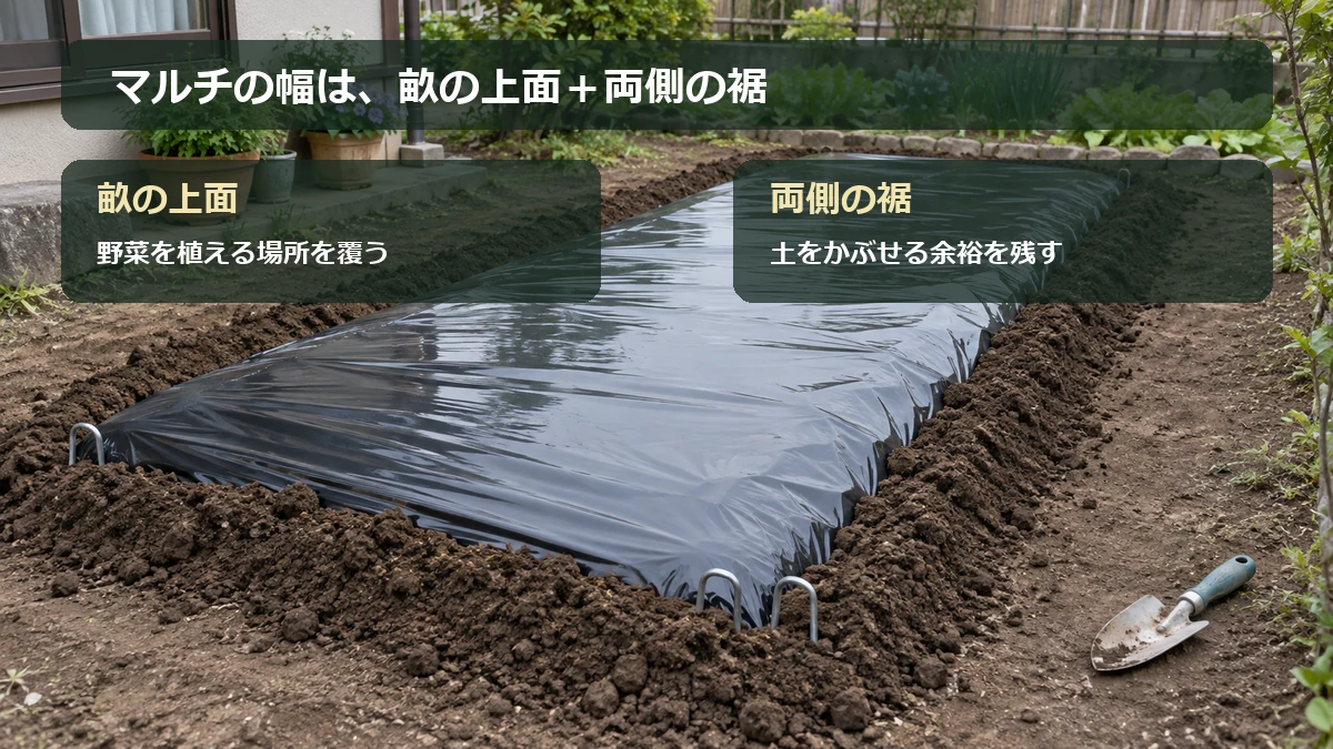黒マルチは畝の上面を覆う幅に加え、両側の裾を土で固定する余裕が必要と示した図解
