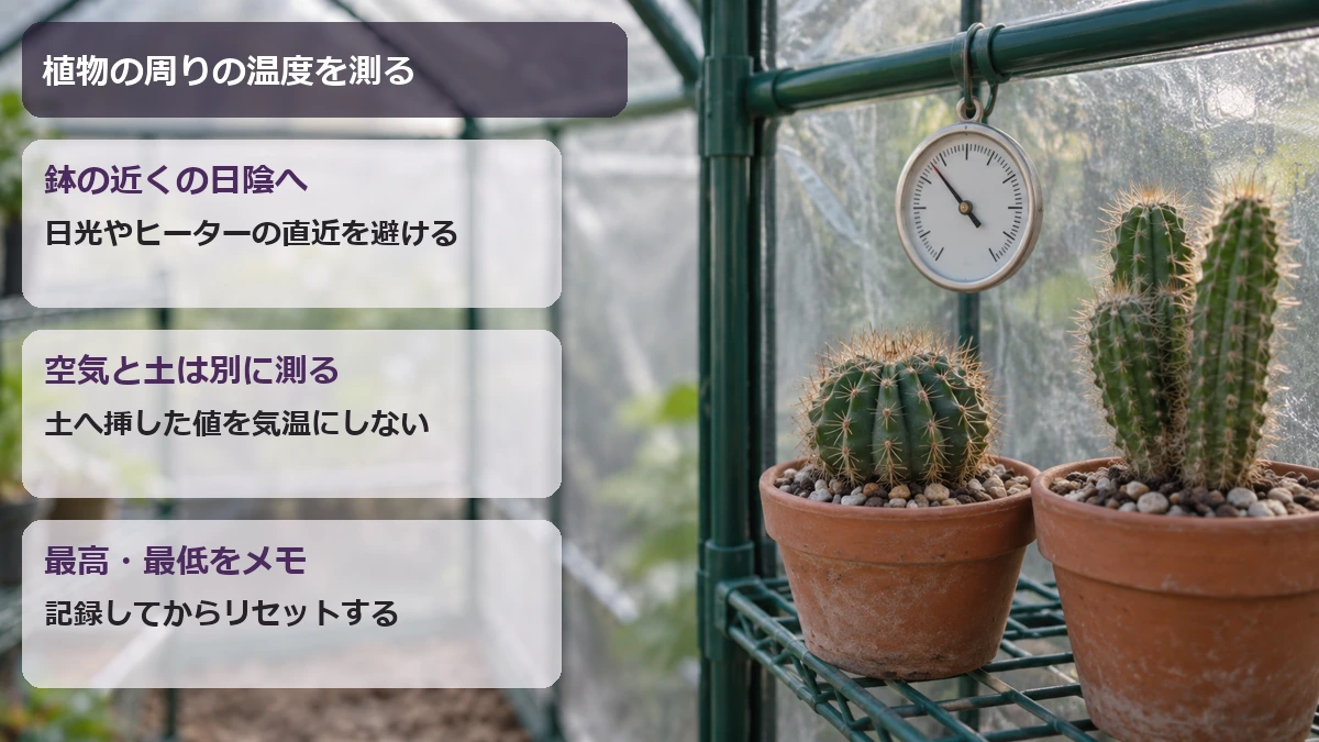 植物の近くの日陰で空気の温度を確認し、日光やヒーターの直近を避ける図解