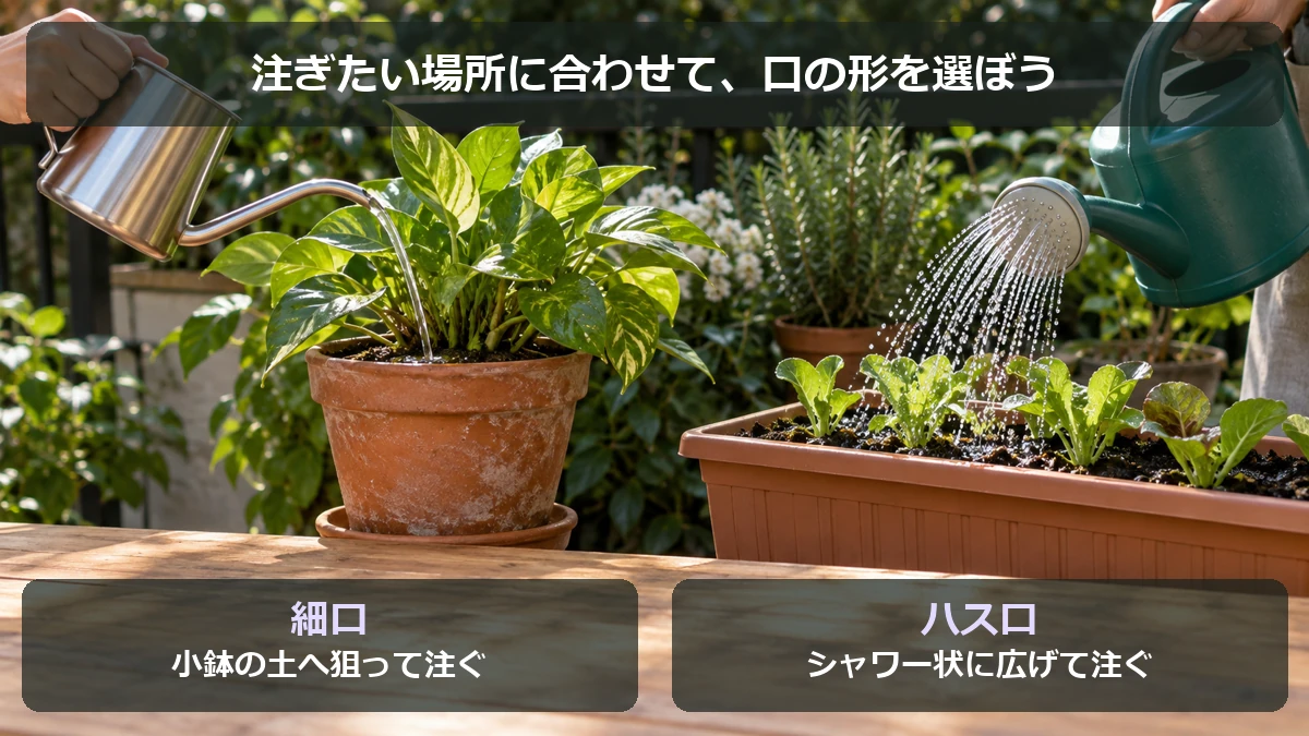 細口から小鉢の土へ狙って注ぐ方法と、ハス口からプランターへ広げて注ぐ方法
