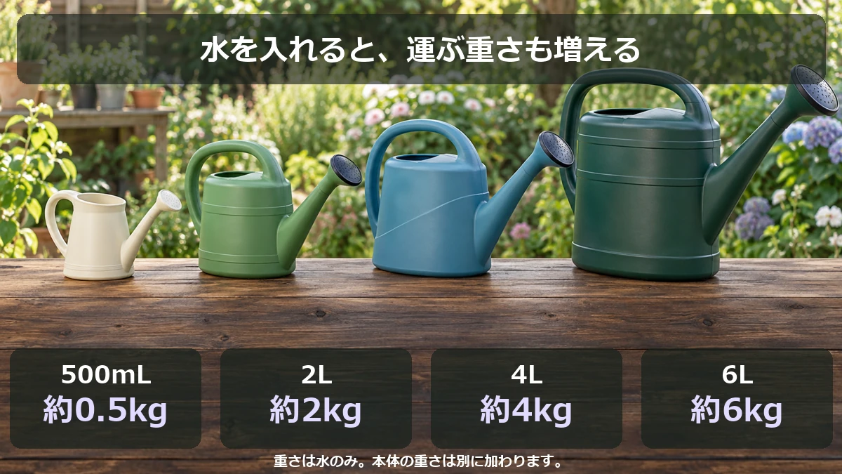 水の量が500mL、2L、4L、6Lのとき、水だけの重さは約0.5kg、2kg、4kg、6kgになることを示す図解