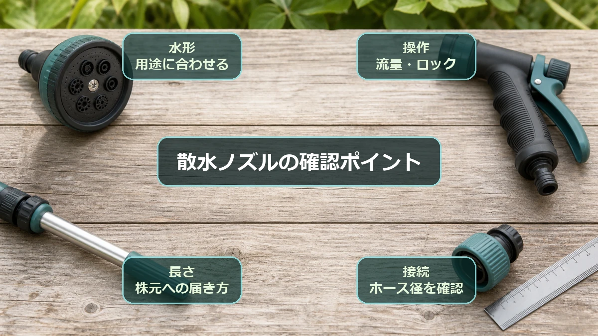 散水ノズルを水形、操作方法、長さ、ホース適合径の順に選ぶ図解
